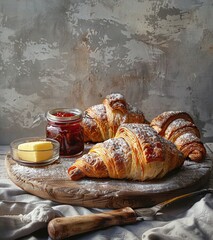 Wall Mural -   Wooden board with croissants dusted in powdered sugar and marmalade jar nearby