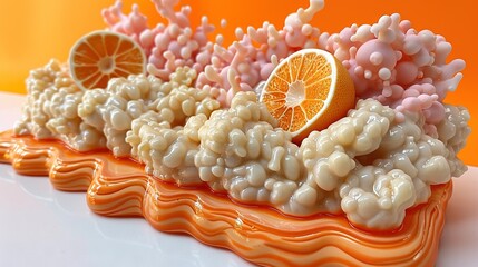 Wall Mural -   A macro shot of a cake designed as a pasta train, topped with orange slices