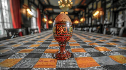 Sticker -   A vase sits on a checkered tablecloth in a room with a chandelier dangling from the ceiling