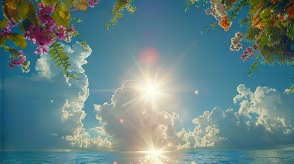 Wall Mural -   Sun shining over water with flowers in foreground and blue sky with clouds in background