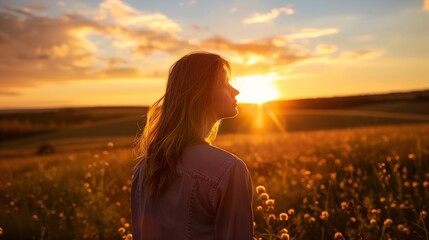 Wall Mural - a woman standing in a field of flowers at sunset