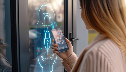 Woman unlocking door using mobile phone, closeup. Illustration of closed and open padlocks on device screen