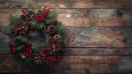 Wall Mural - Holiday wreath with organic adornments displayed on a vintage wooden backdrop with room for text