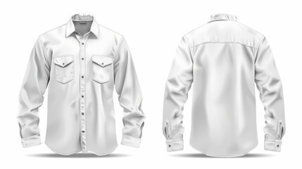 Wall Mural - 3D realistic vector illustration of a classic mens white shirt or denim jacket with long sleeves and chest pockets presented in front and back views Isolated on white