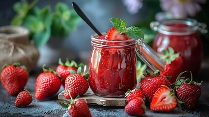 Wall Mural -   A strawberry jam jar with strawberries in the foreground and a background flower