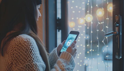 Woman unlocking door using mobile phone, closeup. Illustration of closed and open padlocks on device screen