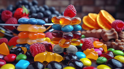 Sticker -   A stack of jelly beans atop a mound of other sweets beside an assortment of fruits