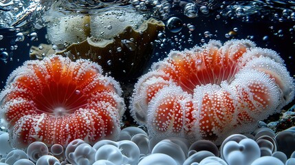 Wall Mural -   A zoom-in of two vibrant red and white sea anemones surrounded by clear water below