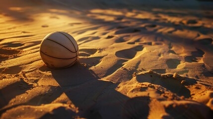 Poster - A volleyball rests atop a sandy dune overlooking the beautiful beach landscape, surrounded by aeolian landforms and hardwood flooring AIG50