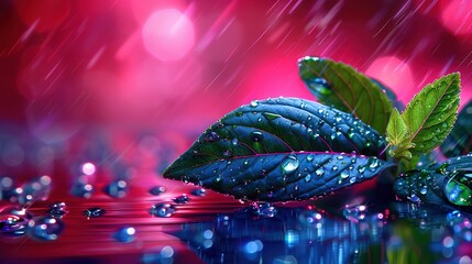 Poster -   A leaf on water with dripping droplets against a pink backdrop