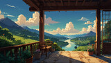 Wonderful anime cartoon style nature landscape view animated movie episode, Generative AI