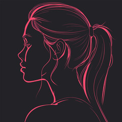 Sticker - vector drawing portrait silhouette of a girl on a black background with purple lines .Generative AI