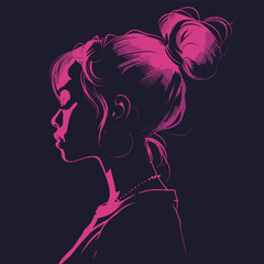 Sticker - vector drawing portrait silhouette of a girl on a black background with purple lines .Generative AI