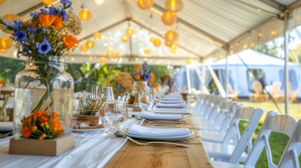 A white tablecloth, wooden table, and floral centerpieces adorn a long table outdoors for a wedding reception. White chairs and string lights contribute to the elegant and inviting atmosphere.