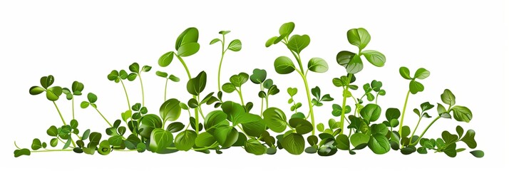Poster - A close-up image of a group of green microgreens growing on a white background. Generative AI