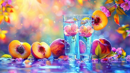 Wall Mural -   A close-up of a glass of water with fruit on the side and flowers nearby