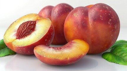 Wall Mural -   A single peach is cut in half and shown alongside its whole counterpart on a white surface with leaves, against a white background