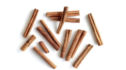 Wall Mural - Cinnamon sticks positioned individually on a white background