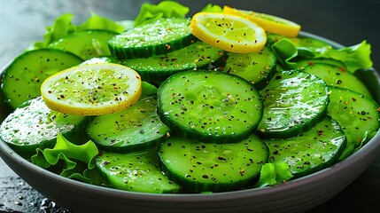 Wall Mural -   A bowl of sliced cucumbers with lemon slices and seasoning sprinkles