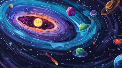 Wall Mural - handdrawn cartoonstyle space illustration of a black hole attracting planets stars and various space