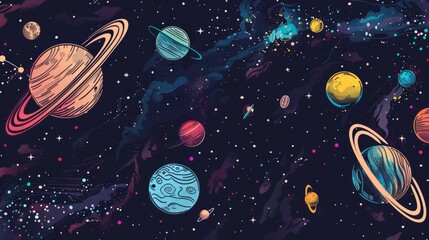 Wall Mural - handdrawn cartoonstyle space illustration of a black hole attracting planets stars and various space
