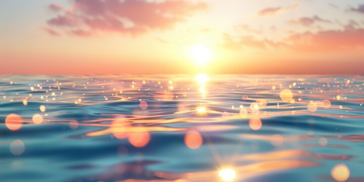 Tranquil sunset over sparkling ocean water with glowing reflections and soft pink and orange hues in the sky.