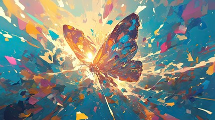 a aggressive digital speed painting, dmt style, of a butterfly flying through the air, but soaked with psychedelic sludge, sun in background