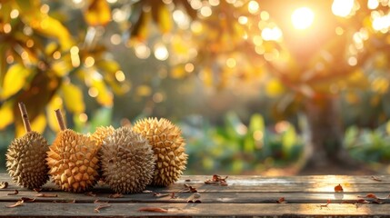 A bunch of durians are on a wooden table. The durians are yellow and have a spiky appearance. The table is surrounded by green leaves and branches