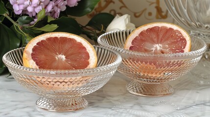 Poster -   A focused image of a grapefruit within a glass dish atop a table with a nearby vase present in the background