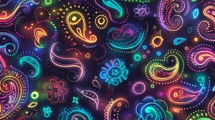 Wall Mural - Colorful neon paisley pattern with floral and abstract shapes on a dark background