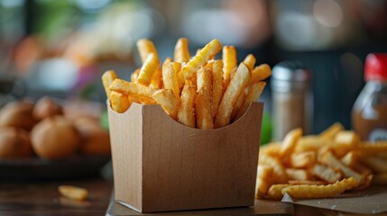 Wall Mural - A box of french fries sits on a table next to a bottle of ketchup. The fries are golden brown and appear to be freshly cooked. The table setting suggests a casual, relaxed atmosphere
