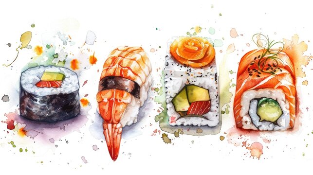 A drawing of a sushi roll with a variety of ingredients including avocado, shrimp, and salmon. The sushi roll is arranged in a row and he is colorful and appetizing