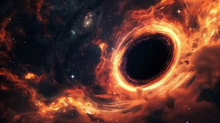 Wall Mural - square astronomical poster with a fantasy print of a black hole featuring hot rotating orange gas cl