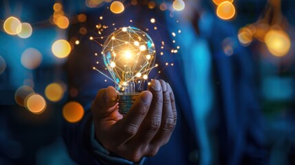 A hand holds a glowing lightbulb with a network of connections, symbolizing innovation and connectivity in a dark, blurred background with bokeh lights.