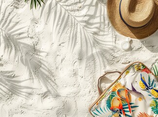 Wall Mural - Beach Essentials on White Sand with Palm Leaf Shadows