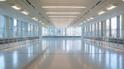 Poster - This image shows an empty dance studio with large windows and a wooden barre along the sides. The studio is brightly lit with fluorescent lights.