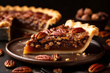 Wall Mural - Slice of pecan pie, traditional fall dessert for Thanksgiving