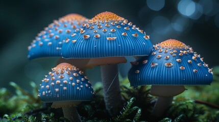 Wall Mural - two filigree small mushrooms on moss with light spot in forest. Forest floor. Macro shot from nature