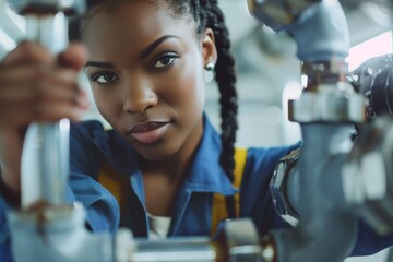Fototapete - Young female engineer working on a machine in a factory