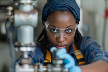 Aufkleber - Young woman engineer working on a large machine in a factory
