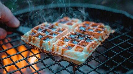 Wall Mural -   Close-up photo of waffles on griddle with steam rising from waffle's surface