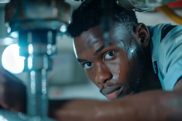 Aufkleber - Young african american factory worker repairing machine