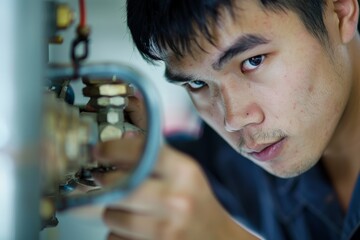 Fototapete - Young asian technician repairing industrial machine in factory