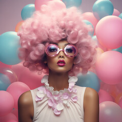 Wall Mural - Vintage retro style  fashion photoshoot. Beautiful model, elaborate outfit, makeup and bubble gum. Square frame