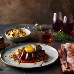 Wall Mural - AI generated illustration of a gourmet dish with steak, egg, and side salad served with red wine