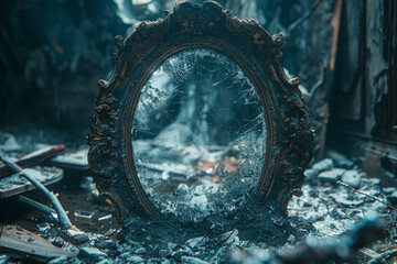 Wall Mural - a shattered mirror in an abandoned home, reflecting fragmented memories. concept of loss and self-re