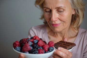 Senior woman choosing between healthy fruits and unhealthy chocolate bar