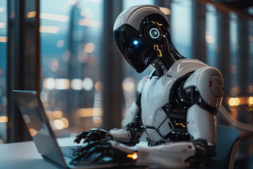 Poster - Android Businessman Using Chatbot on Laptop in Modern Office