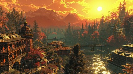 Wall Mural -   A sunset painting over a river, with a boat in the foreground and a mountain range behind