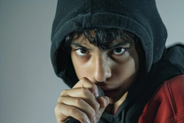 Poster - Young rapper singing with intense emotion into microphone